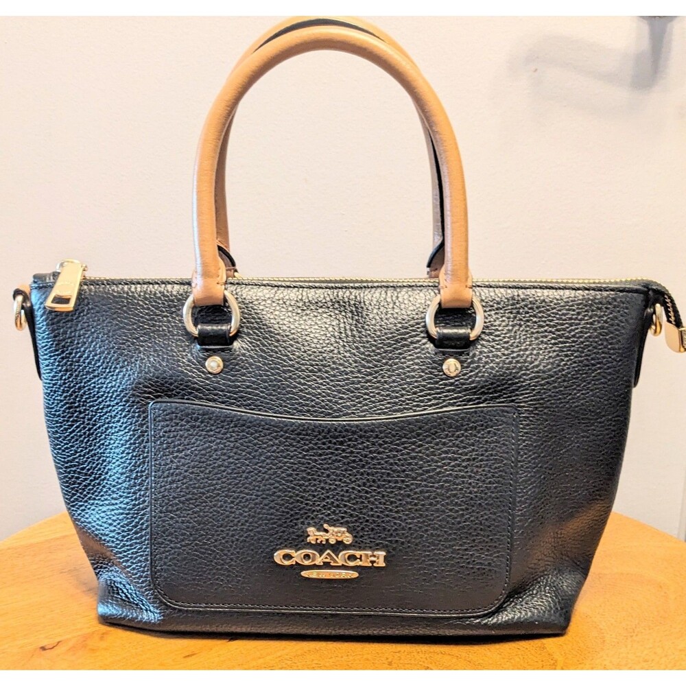 COACH F39605 Mini Emma Refined Pebble Leather Satchel Crossbody Handbag Black